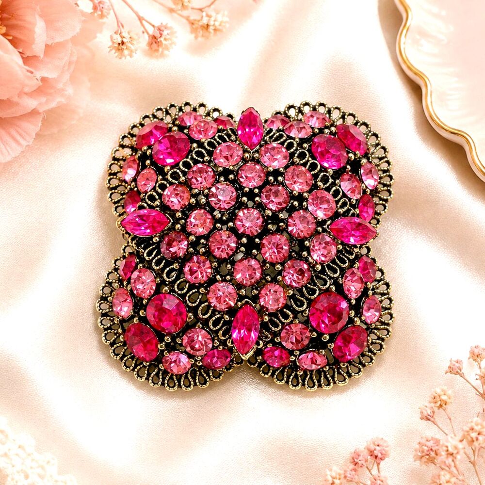 Vintage LISNER Pink and Hot Pink Rhinestone Cluster Gold Tone Statement Brooch